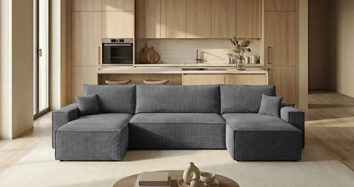 Designer Sofa Lunaro U Mini mit Schlaffunktion und Stauraum in Cord
