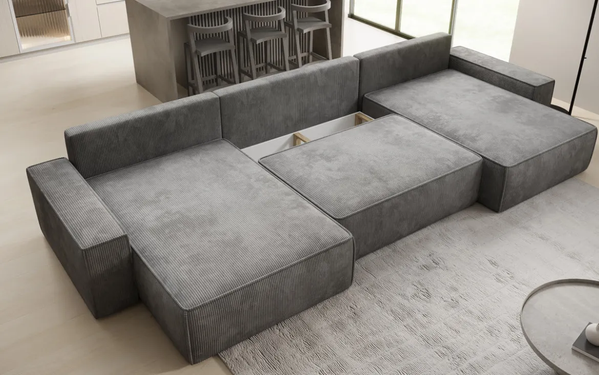 Designer Sofa Lunaro U mit Schlaffunktion und Stauraum in Cord