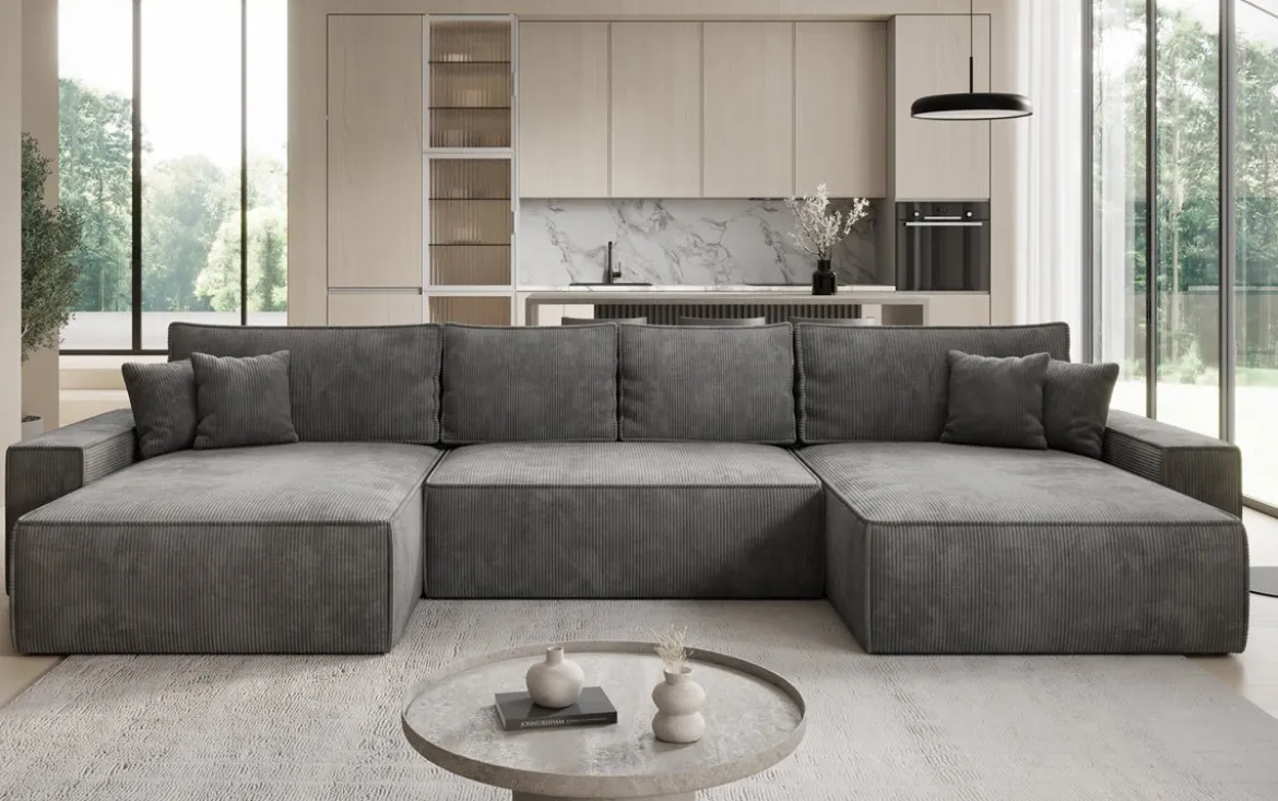 Designer Sofa Lunaro U mit Schlaffunktion und Stauraum in Cord