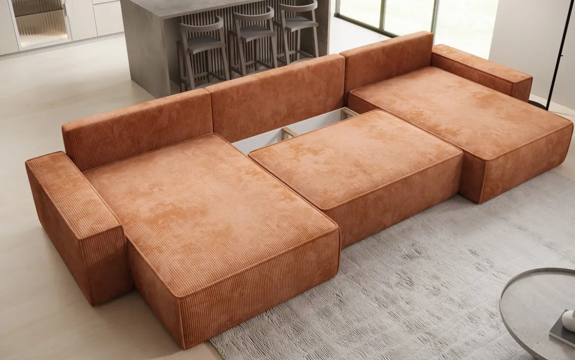 Designer Sofa Lunaro U mit Schlaffunktion und Stauraum in Cord