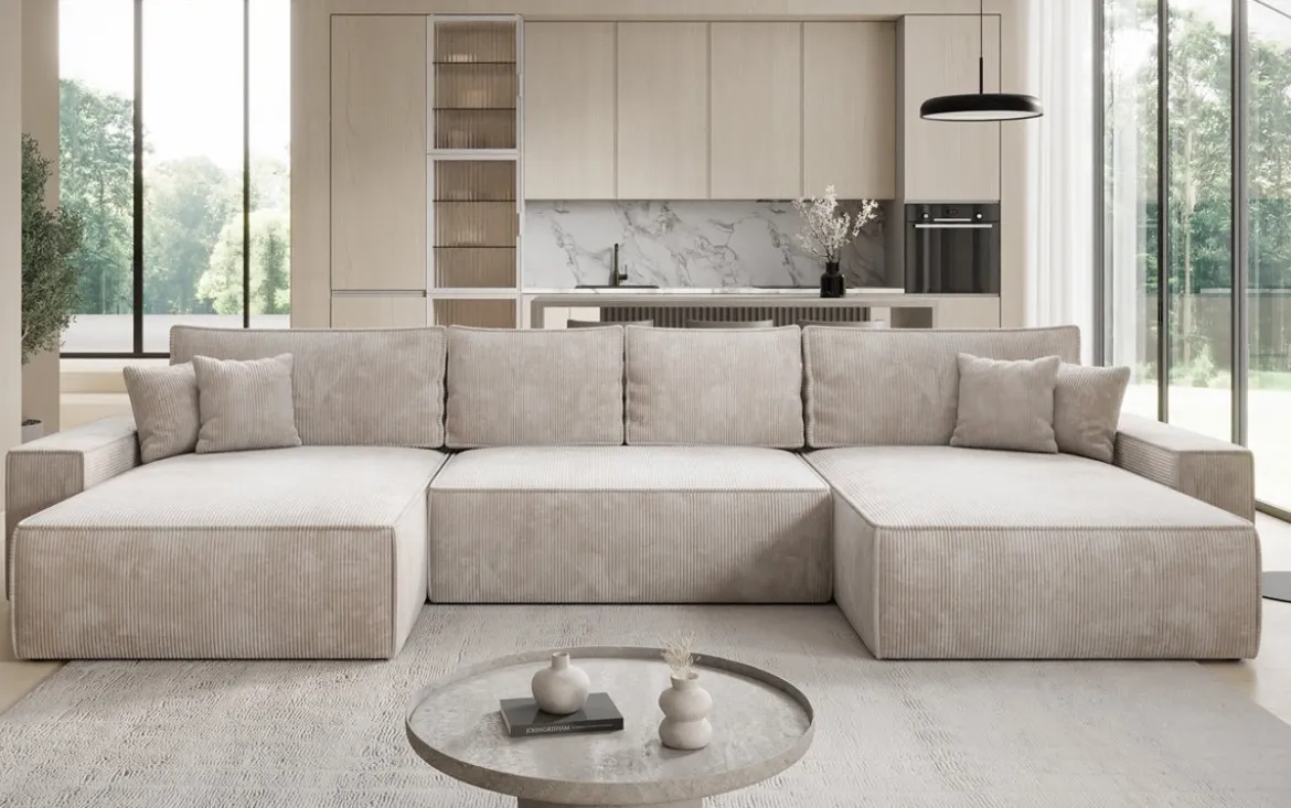 Designer Sofa Lunaro U mit Schlaffunktion und Stauraum in Cord