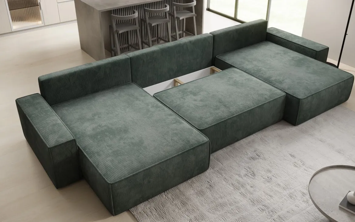 Designer Sofa Lunaro U mit Schlaffunktion und Stauraum in Cord