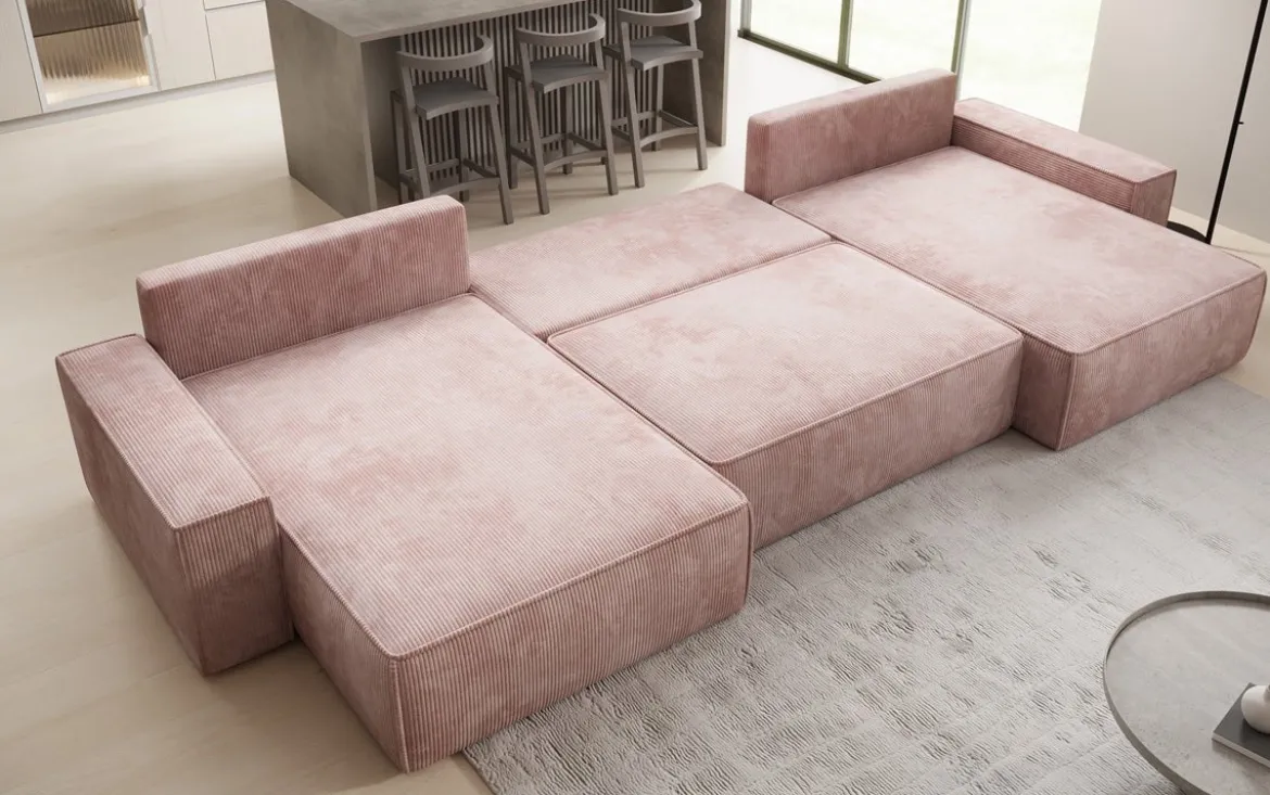 Designer Sofa Lunaro U mit Schlaffunktion und Stauraum in Cord