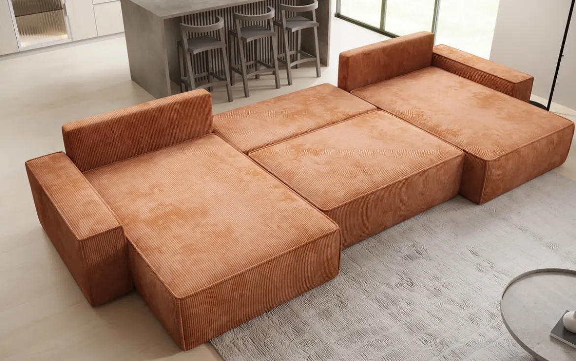 Designer Sofa Lunaro U mit Schlaffunktion und Stauraum in Cord