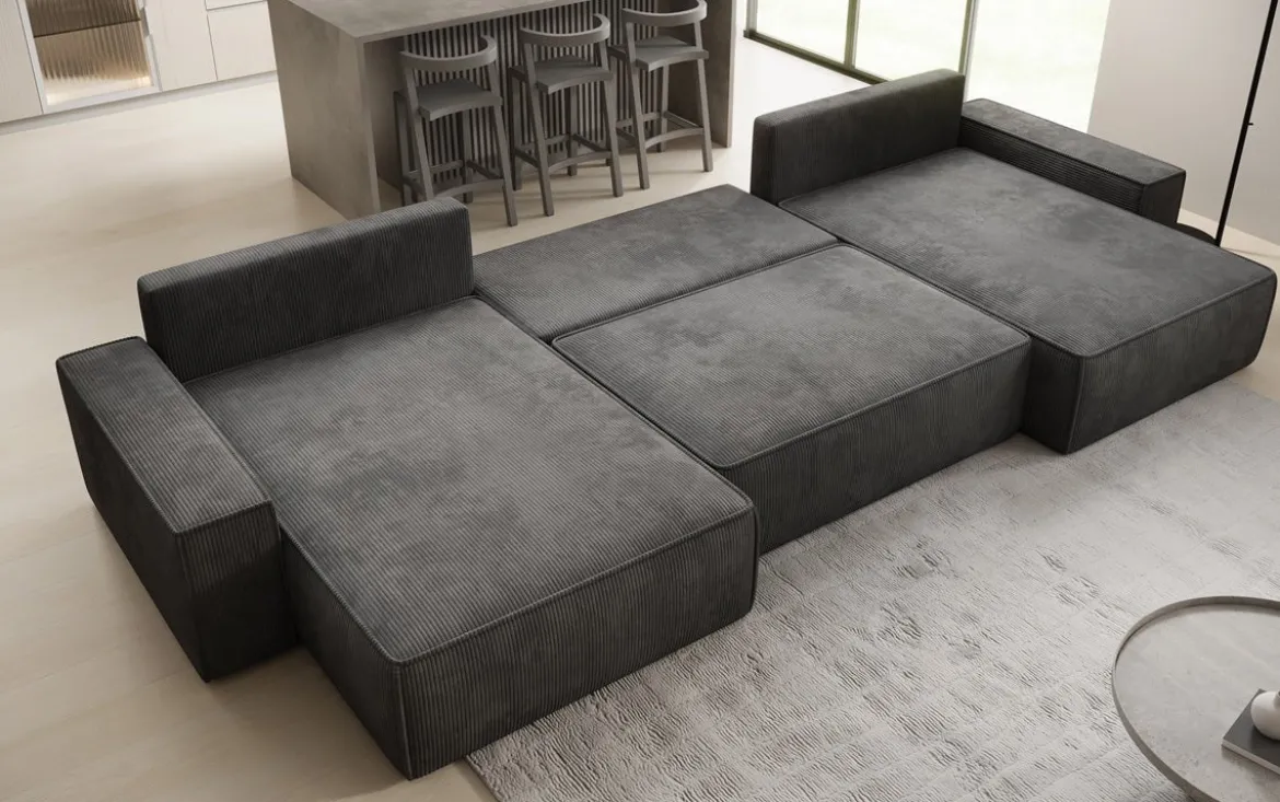 Designer Sofa Lunaro U mit Schlaffunktion und Stauraum in Cord