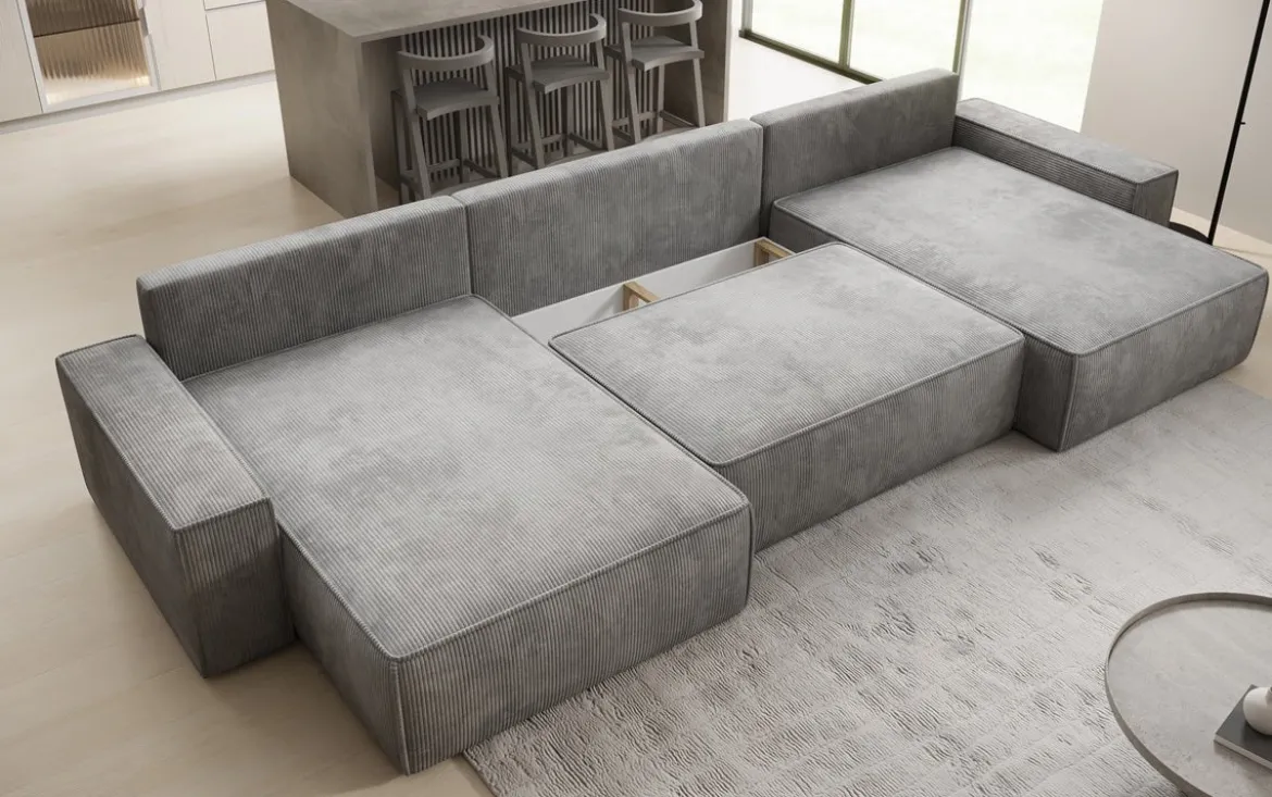 Designer Sofa Lunaro U mit Schlaffunktion und Stauraum in Cord