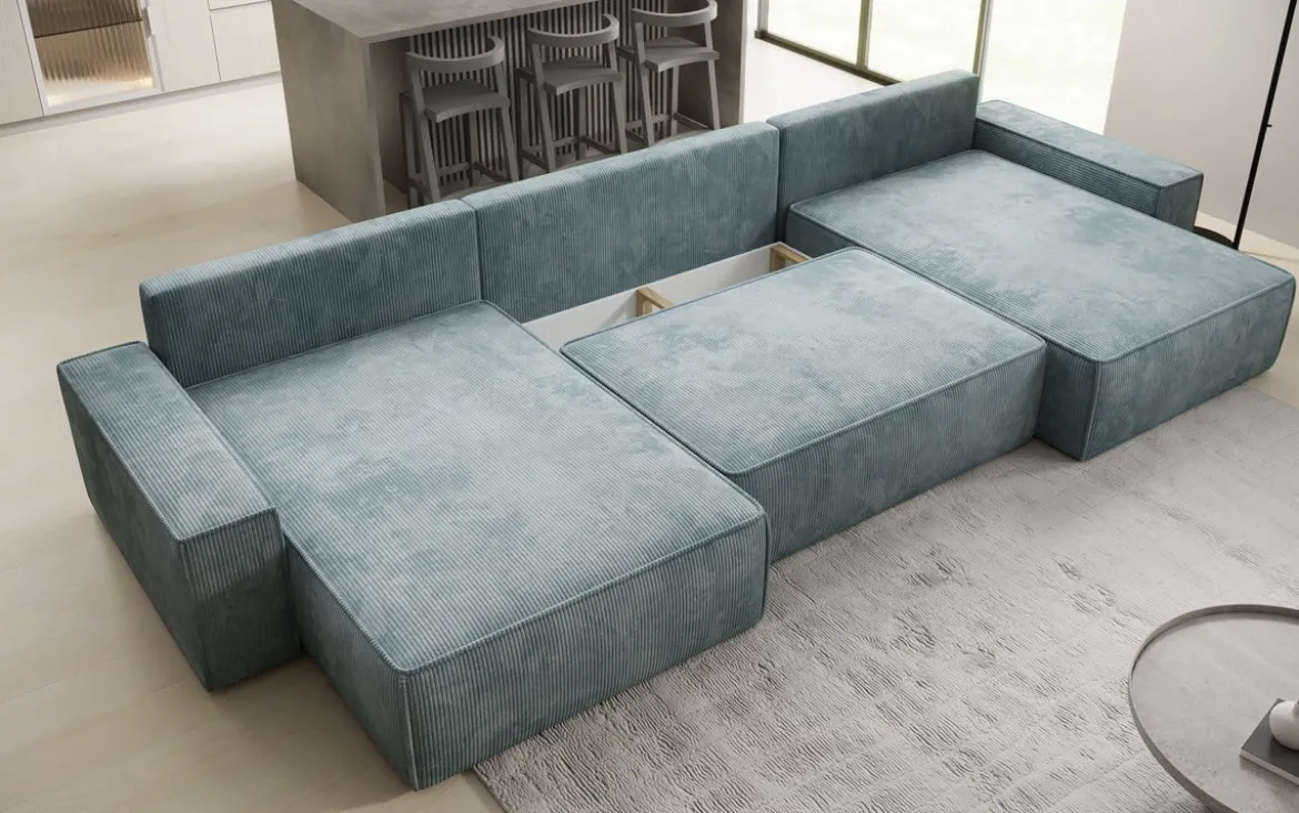 Designer Sofa Lunaro U mit Schlaffunktion und Stauraum in Cord
