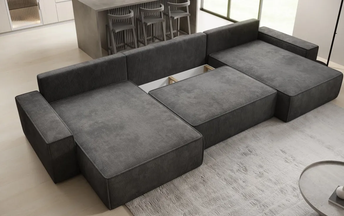 Designer Sofa Lunaro U mit Schlaffunktion und Stauraum in Cord