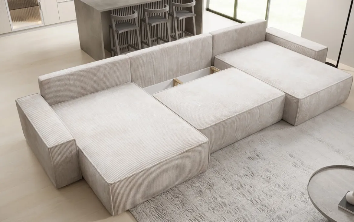 Designer Sofa Lunaro U mit Schlaffunktion und Stauraum in Cord