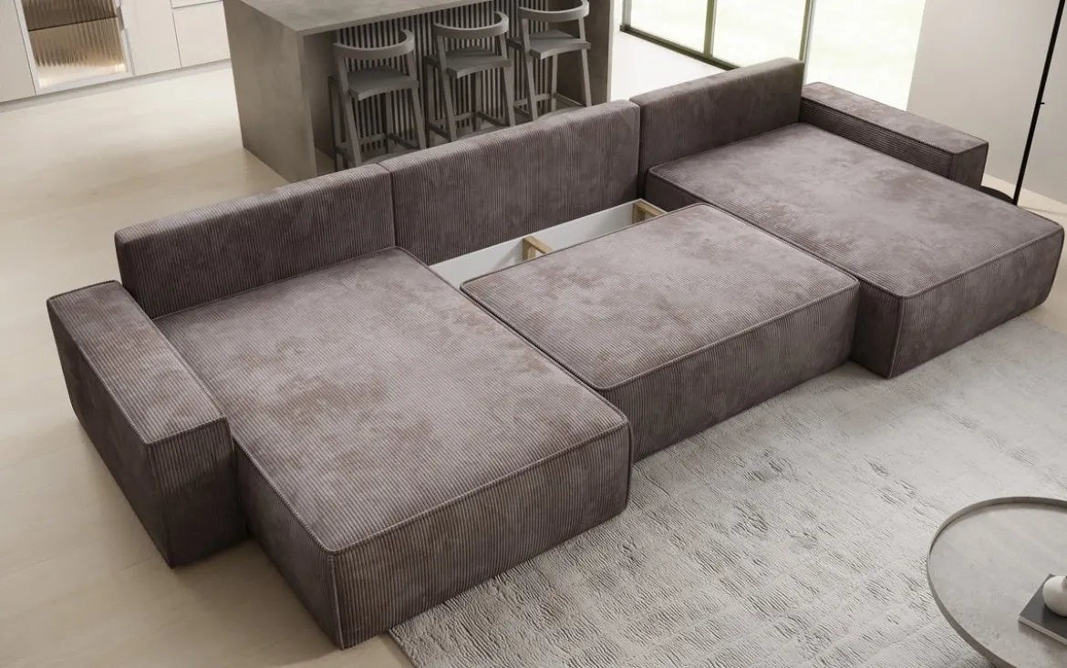 Designer Sofa Lunaro U mit Schlaffunktion und Stauraum in Cord