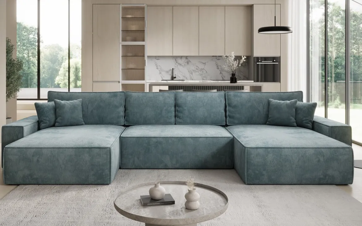 Designer Sofa Lunaro U mit Schlaffunktion und Stauraum in Cord