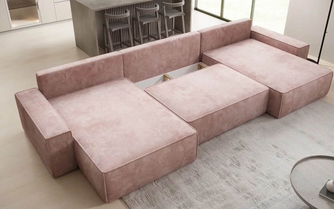 Designer Sofa Lunaro U mit Schlaffunktion und Stauraum in Cord