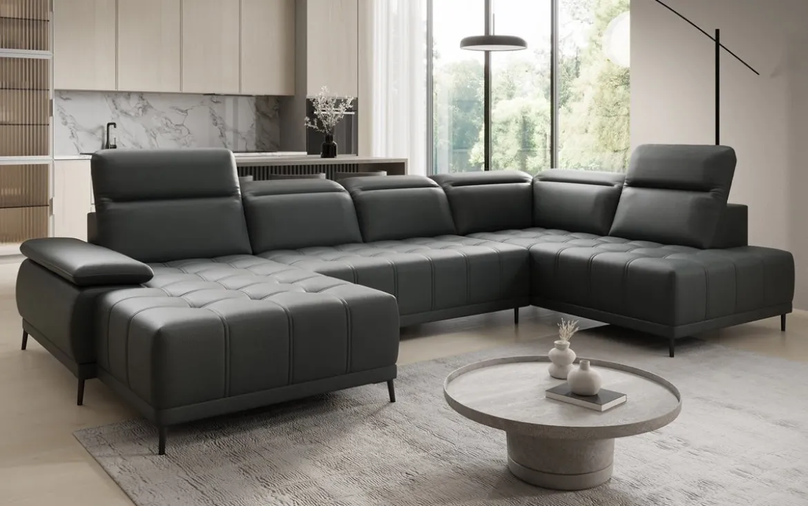 Designer Sofa Lyra U mit elektrischer Schlaffunktion in Echtleder