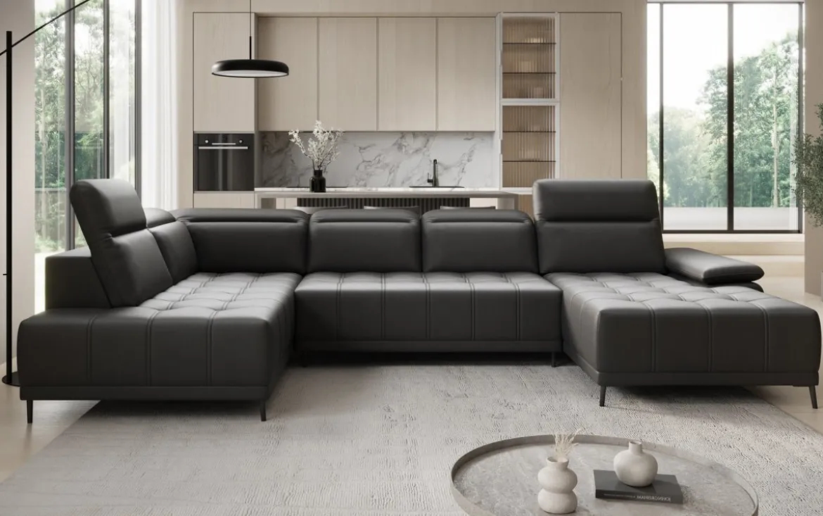 Designer Sofa Lyra U mit elektrischer Schlaffunktion in Echtleder
