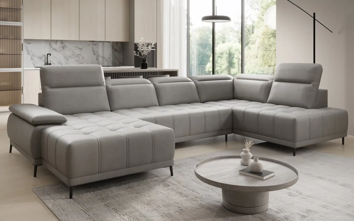 Designer Sofa Lyra U mit elektrischer Schlaffunktion in Echtleder