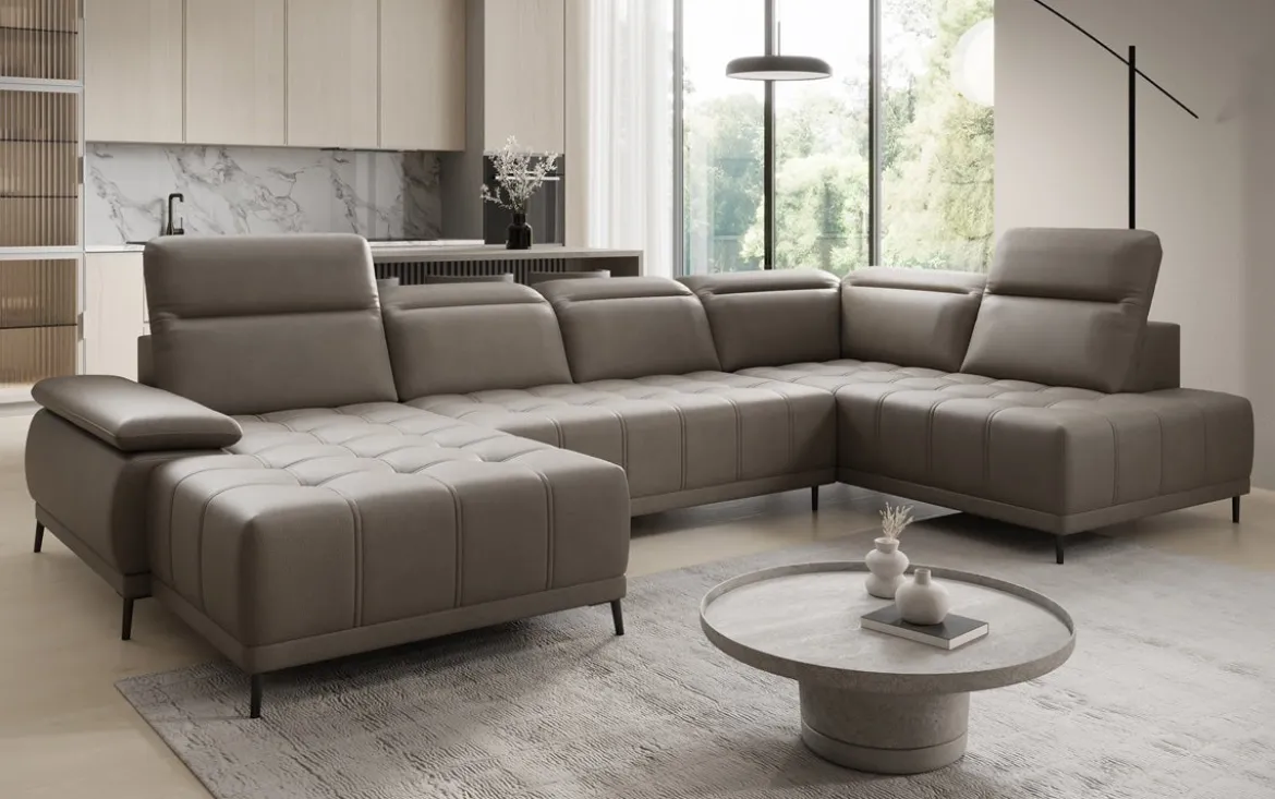 Designer Sofa Lyra U mit elektrischer Schlaffunktion in Echtleder