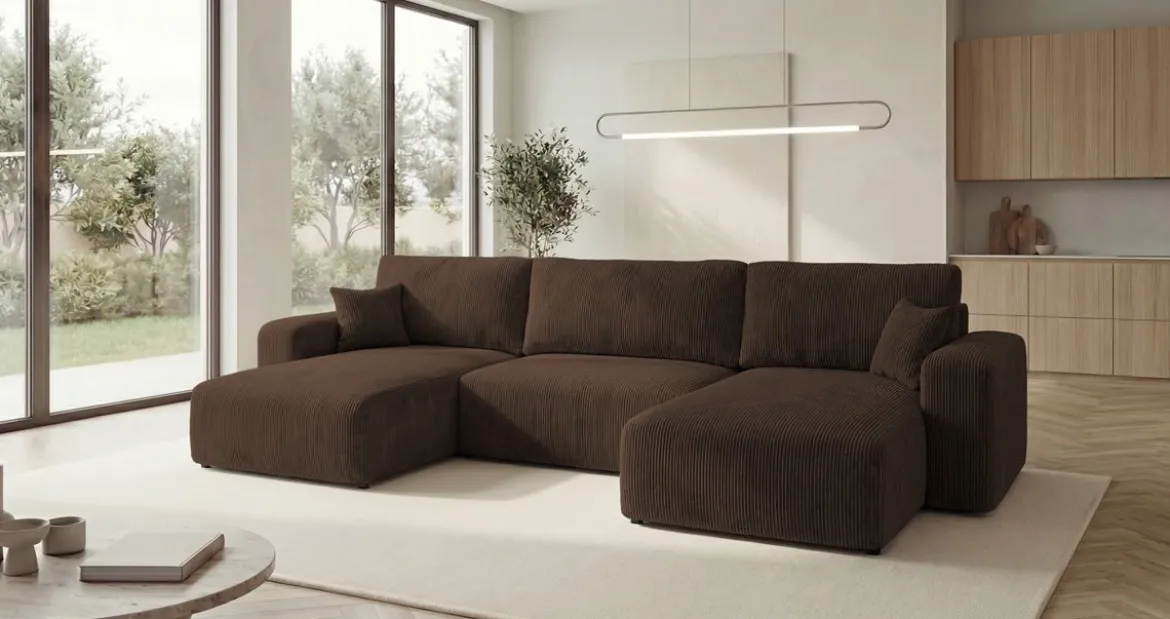 Designer Sofa Noma U mit Schlaffunktion und Stauraum in Cord