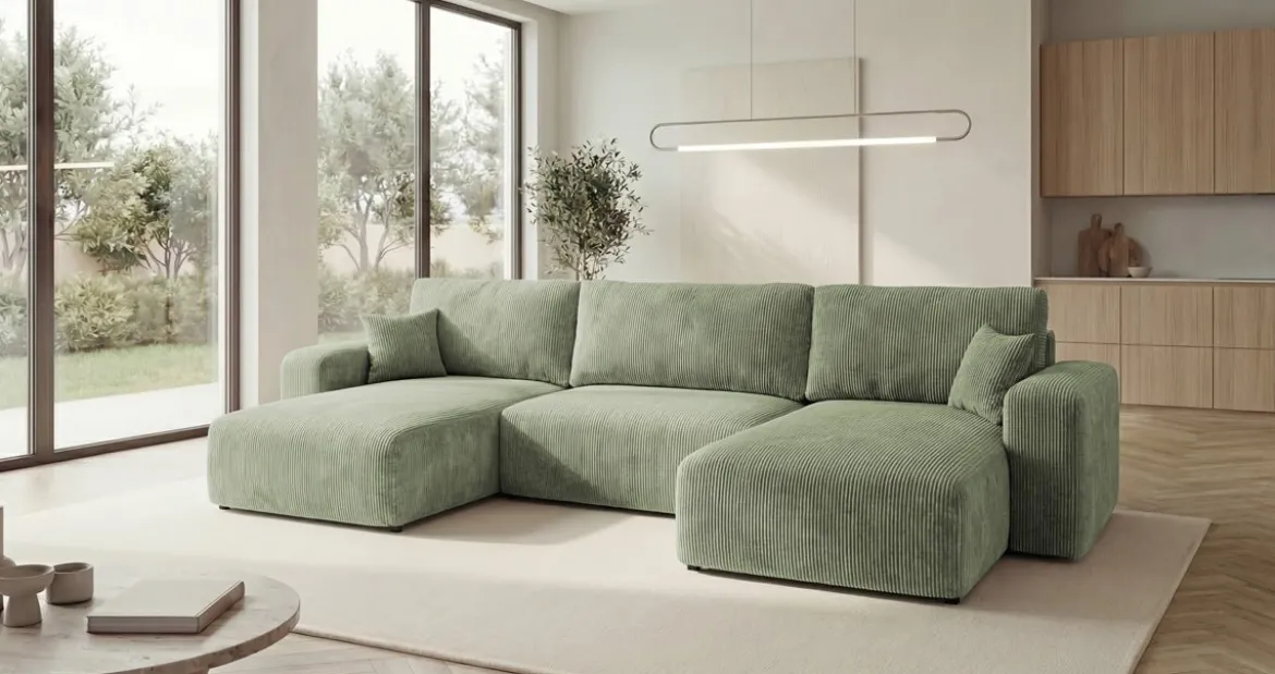 Designer Sofa Noma U mit Schlaffunktion und Stauraum in Cord