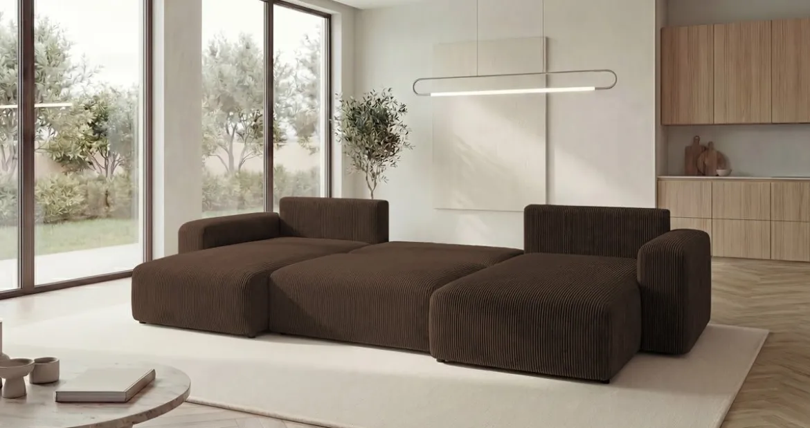 Designer Sofa Noma U mit Schlaffunktion und Stauraum in Cord