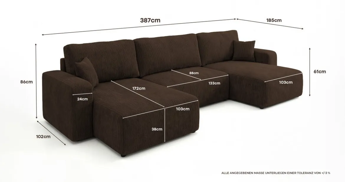 Designer Sofa Noma U mit Schlaffunktion und Stauraum in Cord