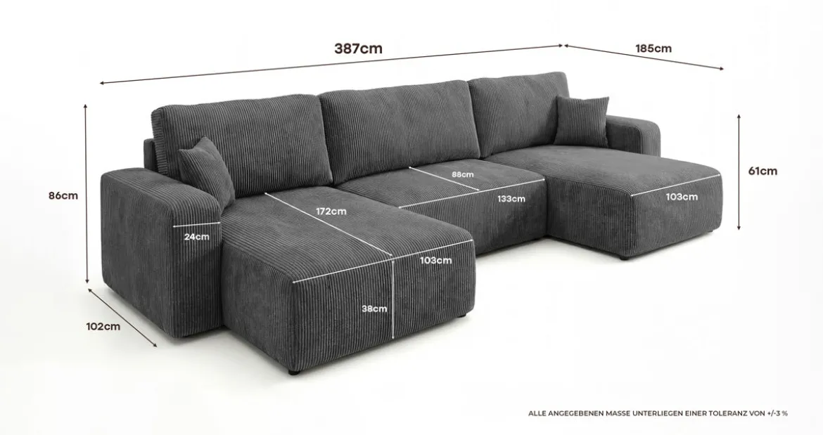 Designer Sofa Noma U mit Schlaffunktion und Stauraum in Cord