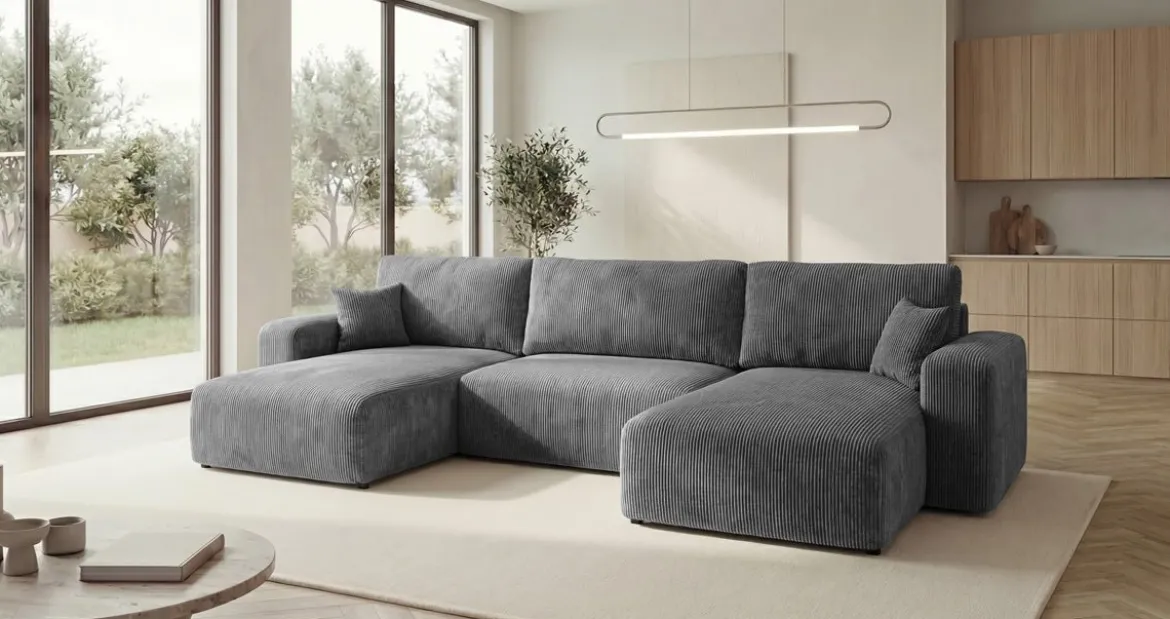 Designer Sofa Noma U mit Schlaffunktion und Stauraum in Cord