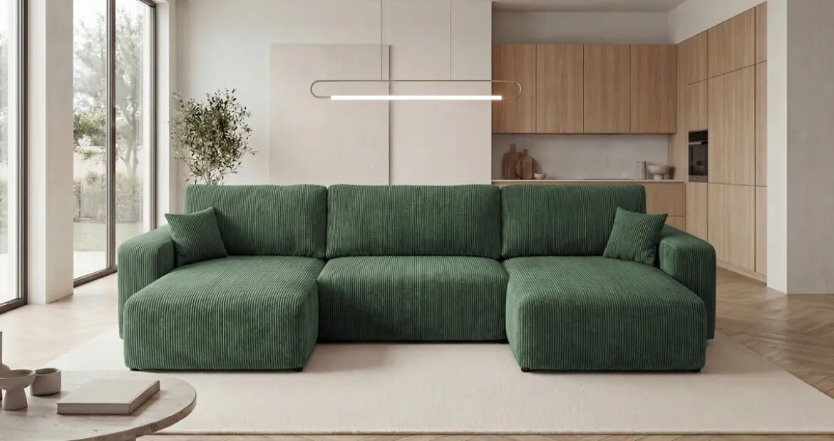 Designer Sofa Noma U mit Schlaffunktion und Stauraum in Cord