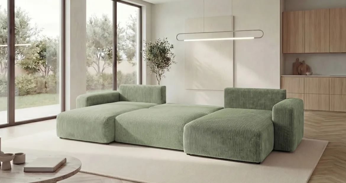 Designer Sofa Noma U mit Schlaffunktion und Stauraum in Cord