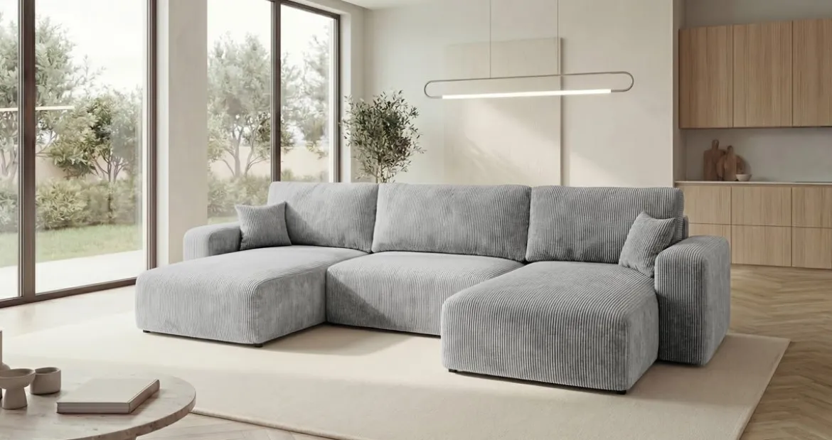 Designer Sofa Noma U mit Schlaffunktion und Stauraum in Cord