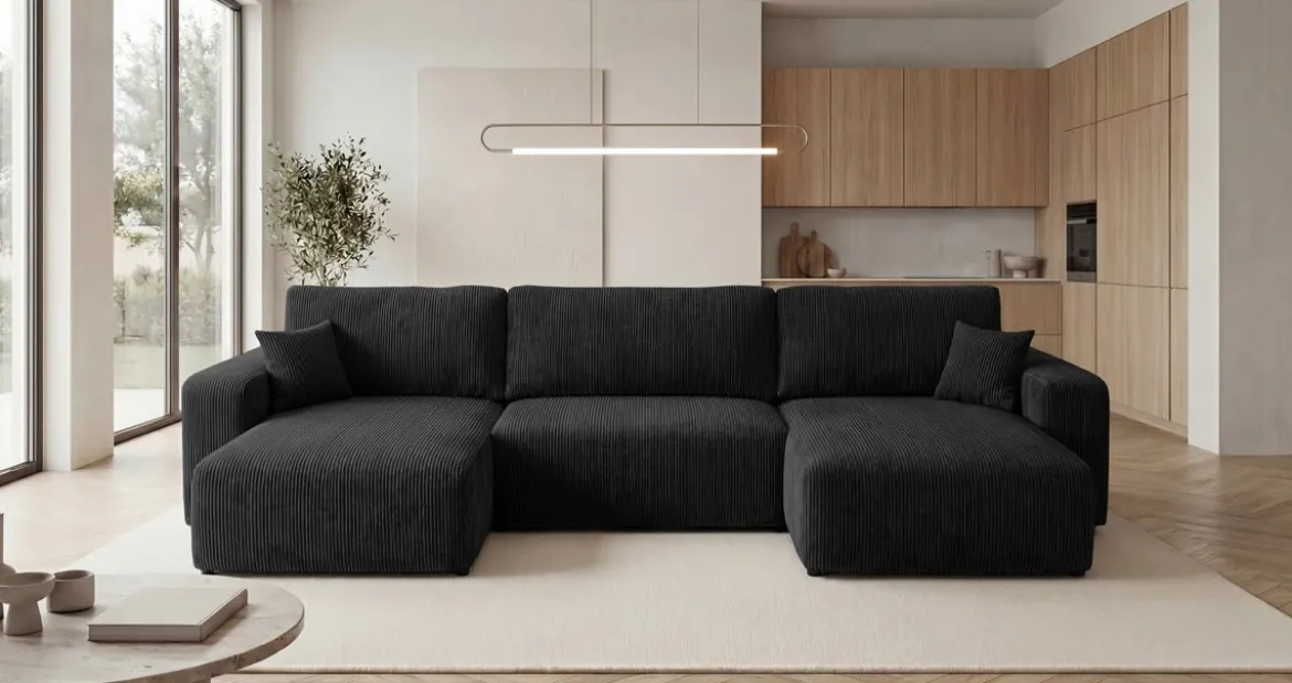 Designer Sofa Noma U mit Schlaffunktion und Stauraum in Cord
