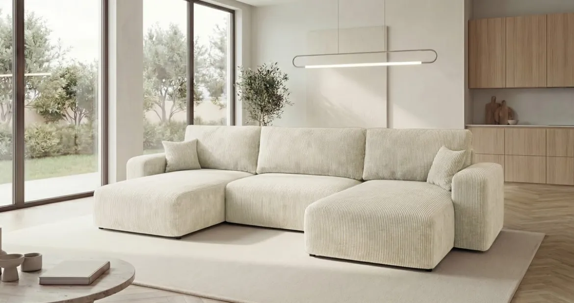 Designer Sofa Noma U mit Schlaffunktion und Stauraum in Cord