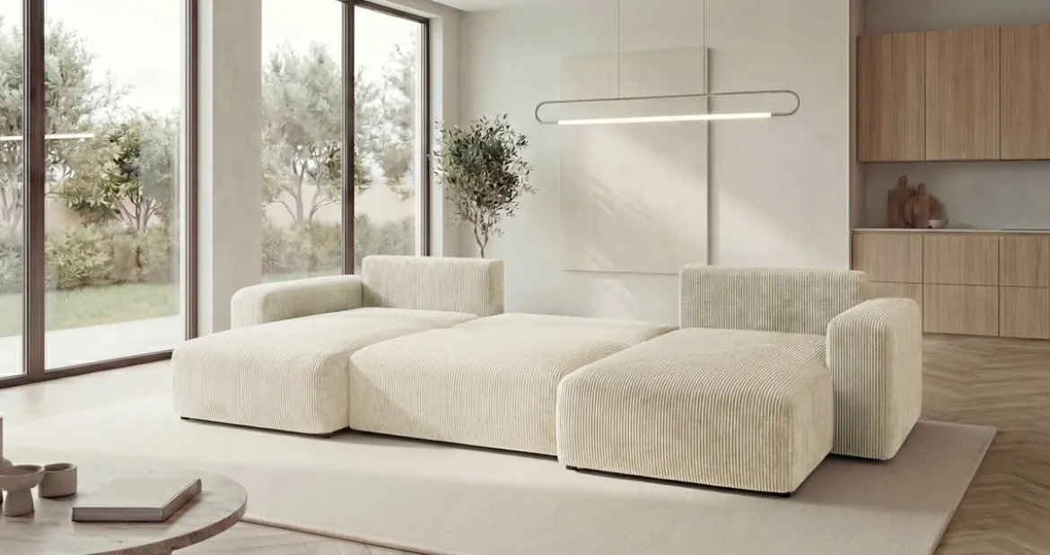 Designer Sofa Noma U mit Schlaffunktion und Stauraum in Cord