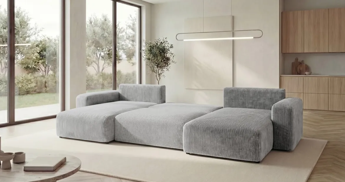 Designer Sofa Noma U mit Schlaffunktion und Stauraum in Cord