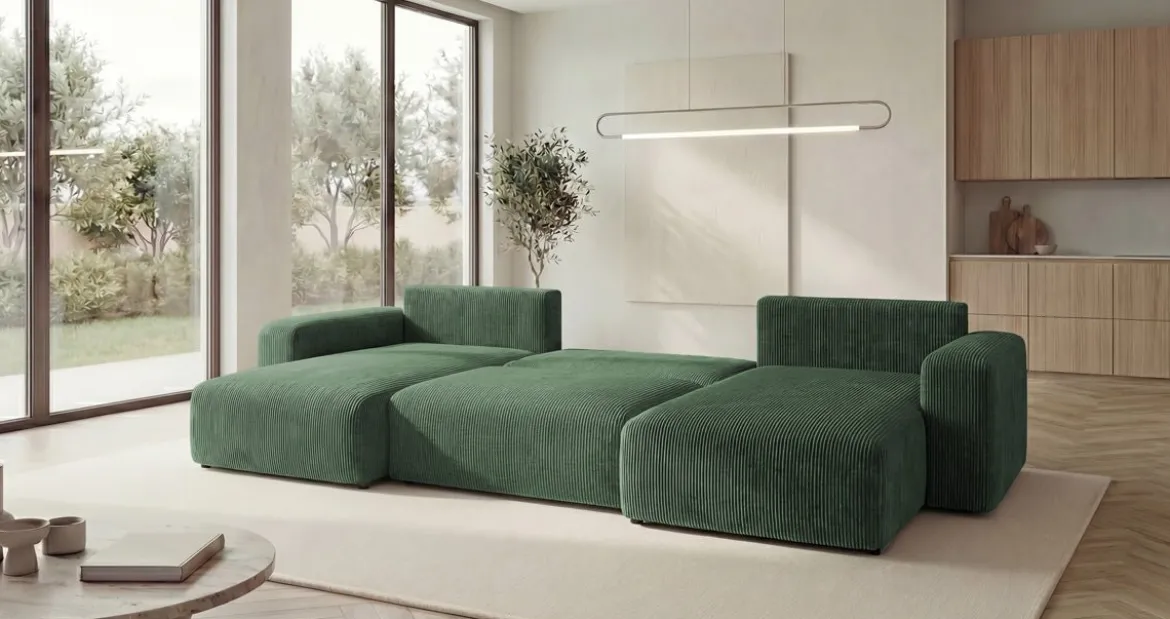 Designer Sofa Noma U mit Schlaffunktion und Stauraum in Cord