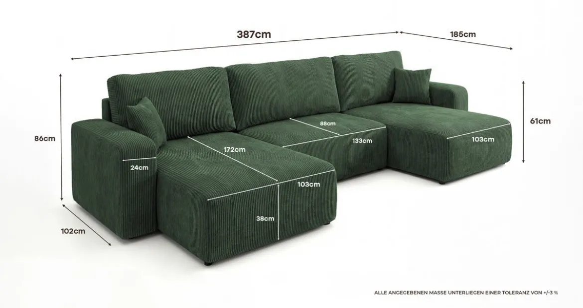 Designer Sofa Noma U mit Schlaffunktion und Stauraum in Cord