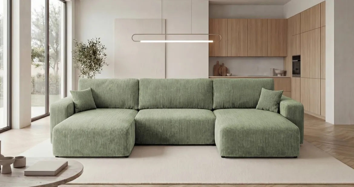 Designer Sofa Noma U mit Schlaffunktion und Stauraum in Cord