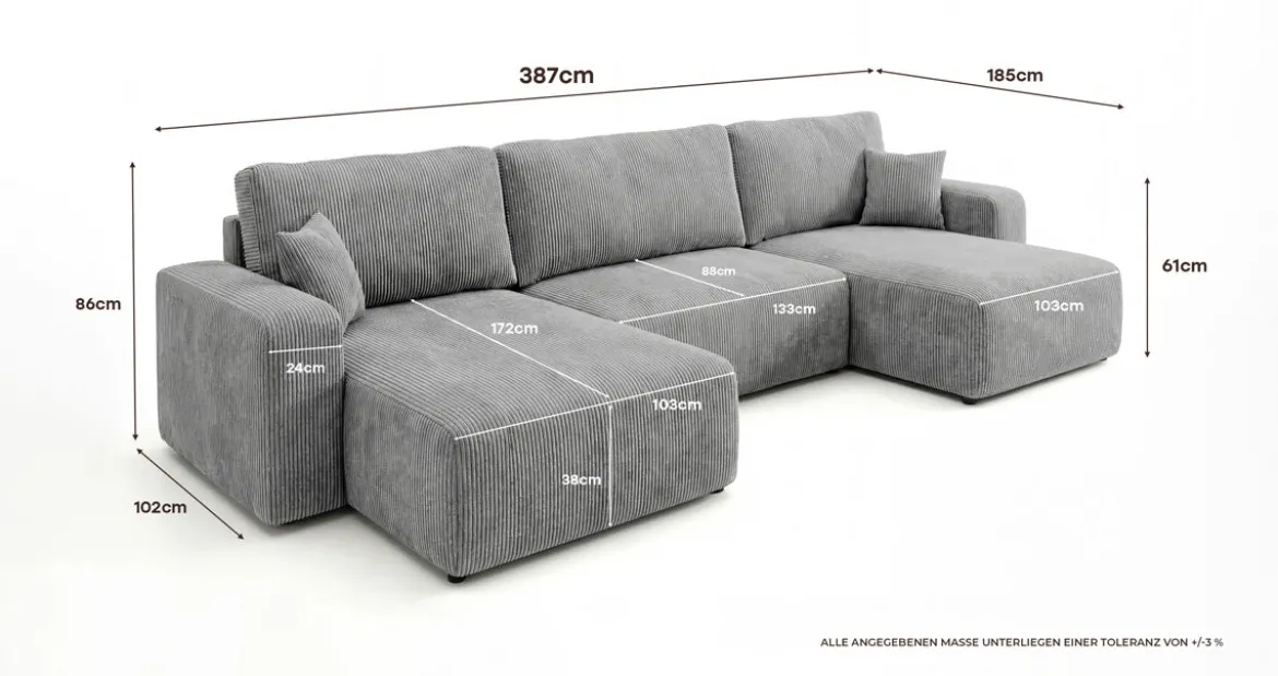 Designer Sofa Noma U mit Schlaffunktion und Stauraum in Cord