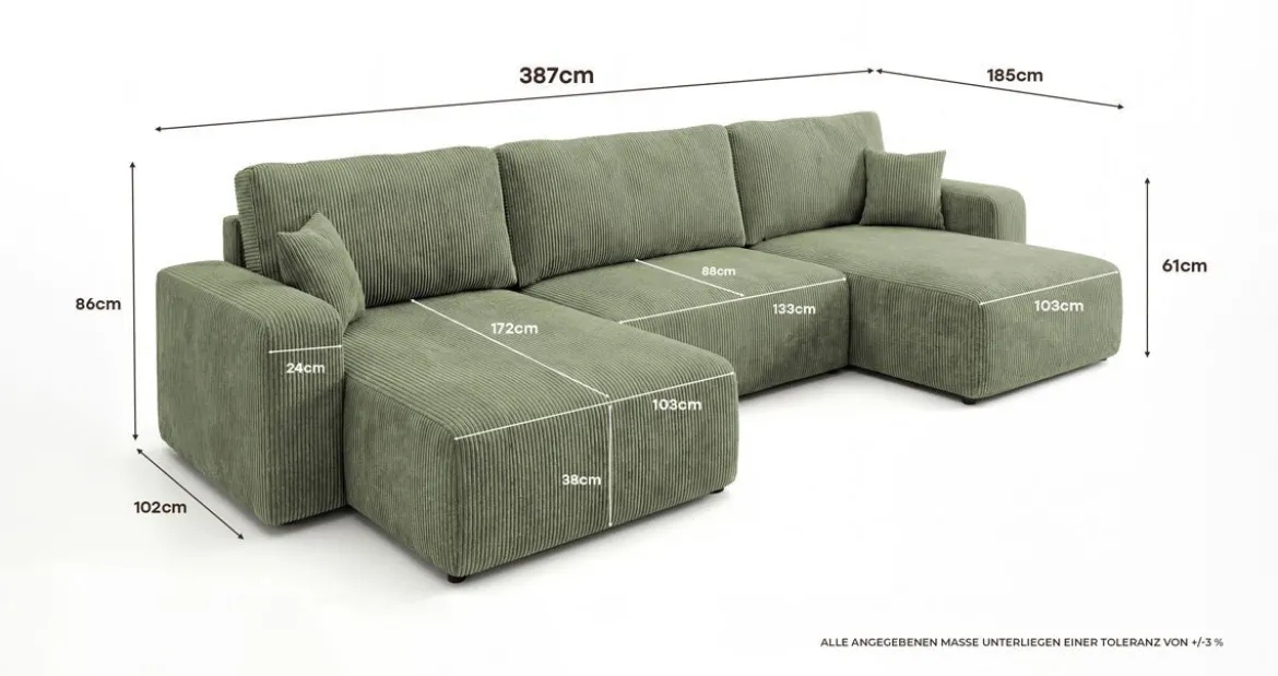 Designer Sofa Noma U mit Schlaffunktion und Stauraum in Cord