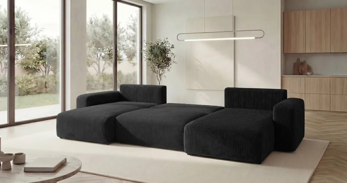 Designer Sofa Noma U mit Schlaffunktion und Stauraum in Cord
