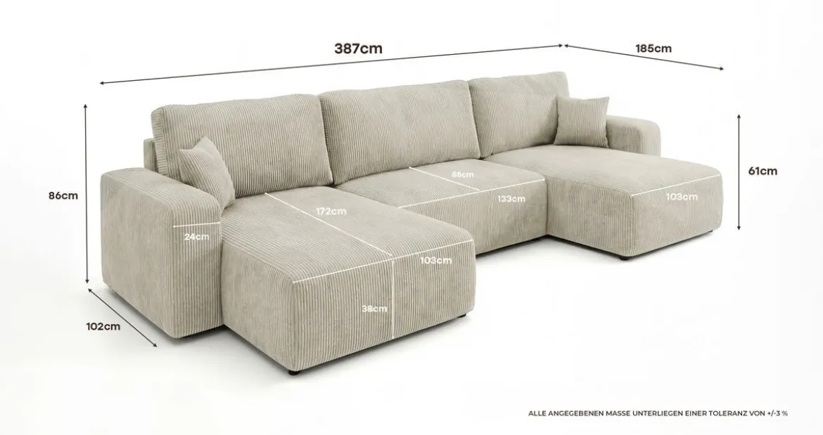 Designer Sofa Noma U mit Schlaffunktion und Stauraum in Cord