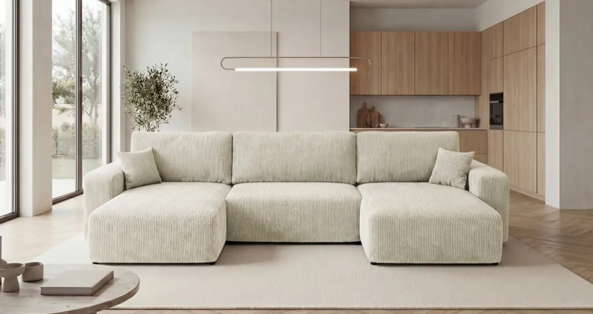 Designer Sofa Noma U mit Schlaffunktion und Stauraum in Cord