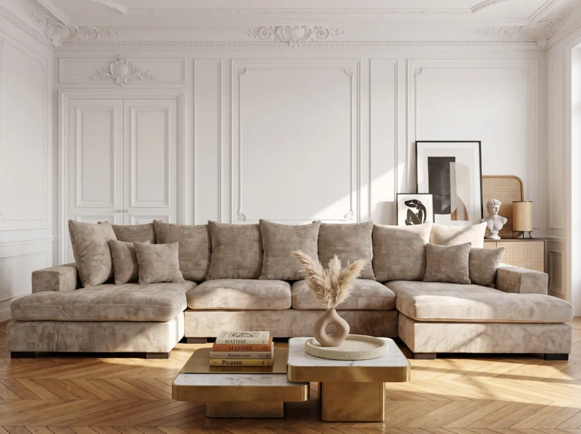 Designer Sofa Selena U mit Schlaffunktion in Strukturstoff