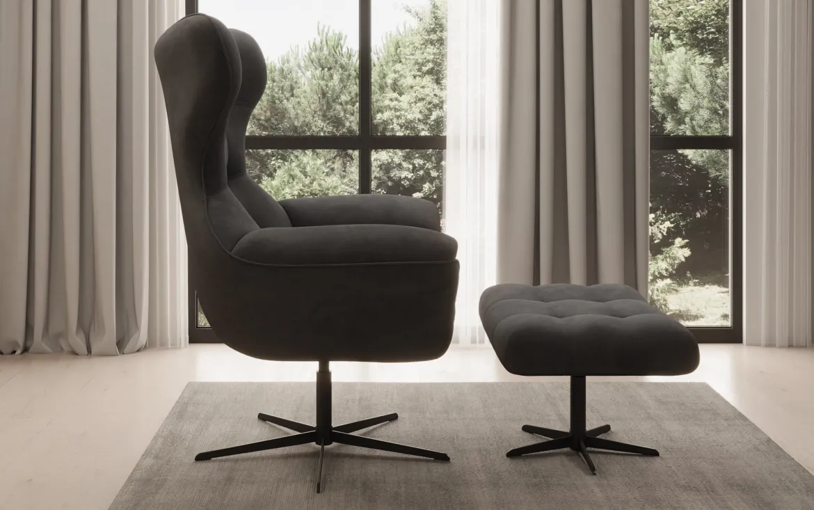 Designer Sofa-Sessel Aurelio inkl. Beistellhocker in Samt