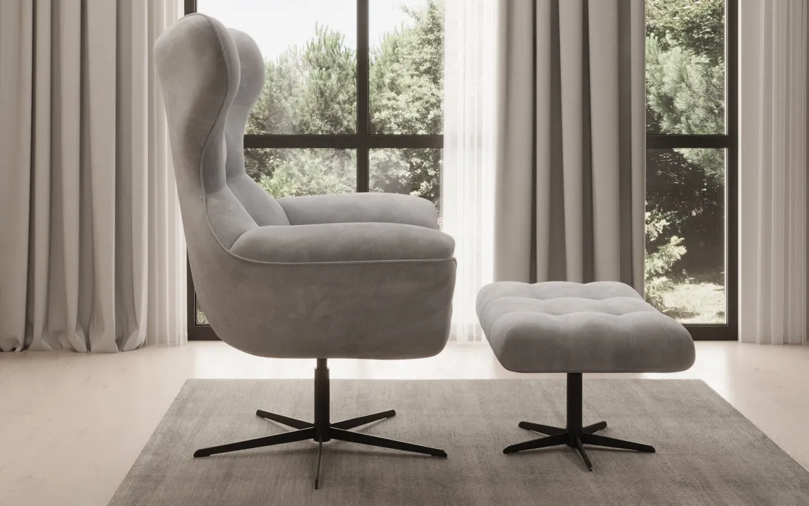 Designer Sofa-Sessel Aurelio inkl. Beistellhocker in Samt