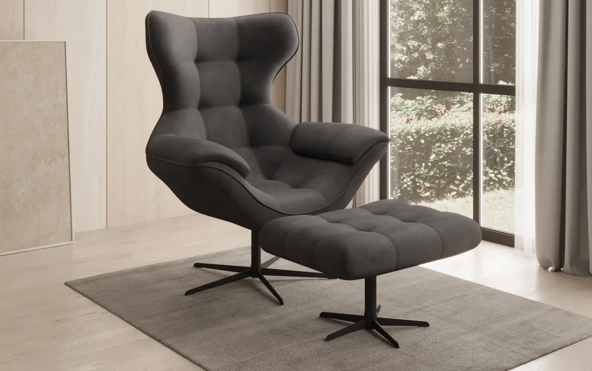 Designer Sofa-Sessel Aurelio inkl. Beistellhocker in Samt
