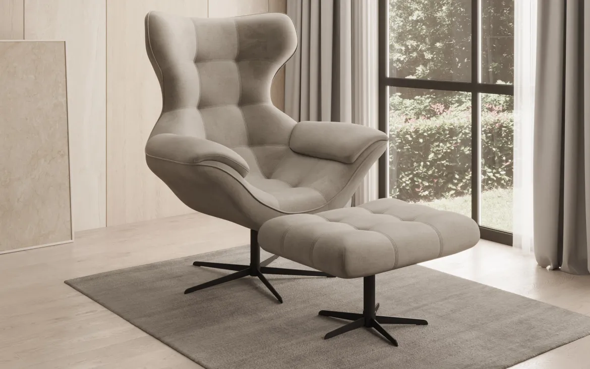 Designer Sofa-Sessel Aurelio inkl. Beistellhocker in Samt