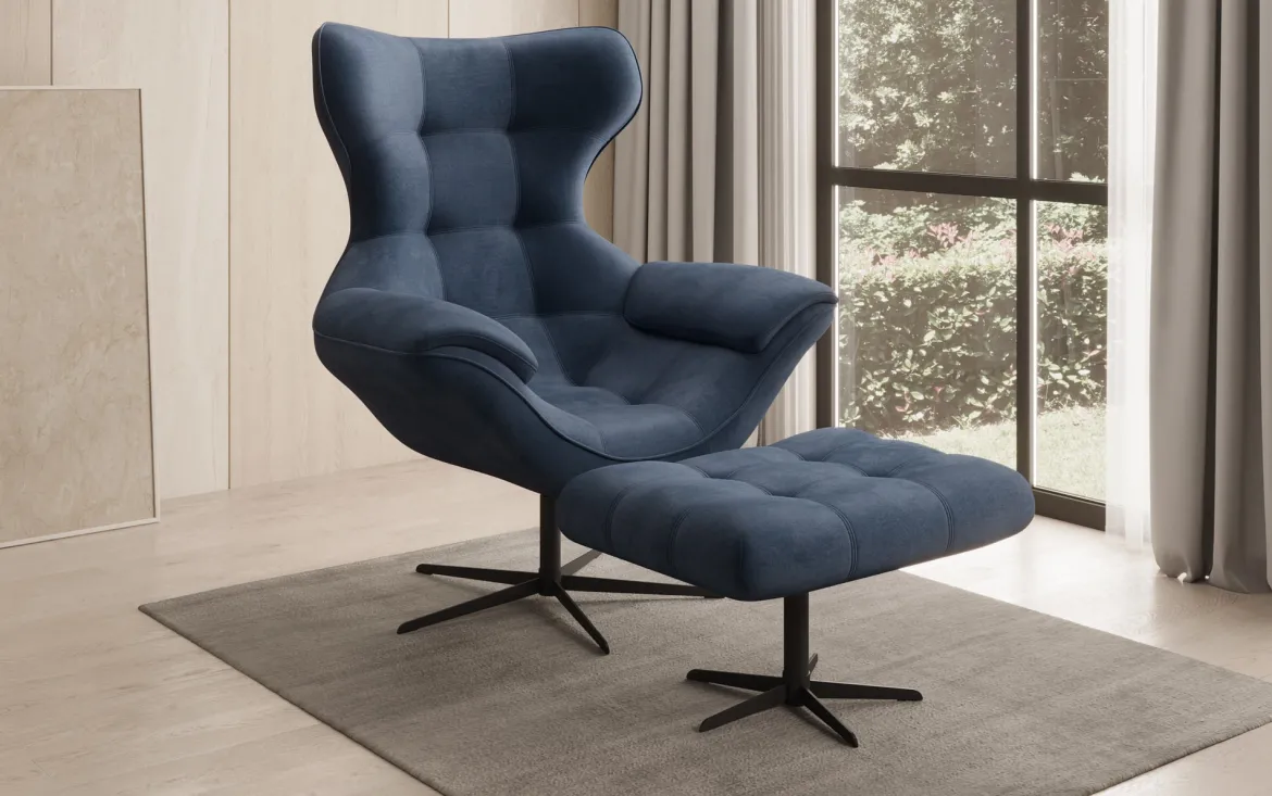 Designer Sofa-Sessel Aurelio inkl. Beistellhocker in Samt