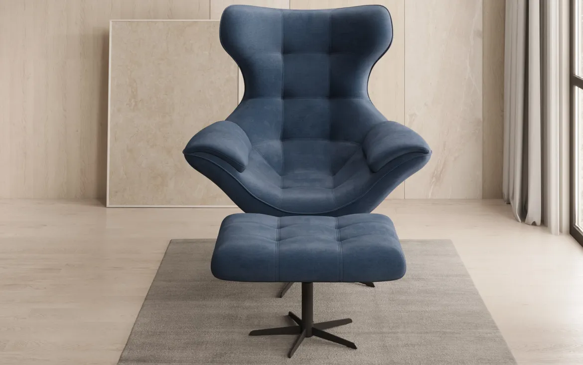 Designer Sofa-Sessel Aurelio inkl. Beistellhocker in Samt