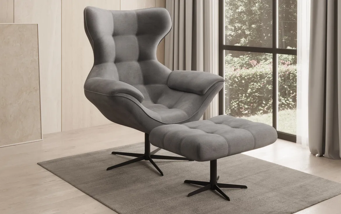 Designer Sofa-Sessel Aurelio inkl. Beistellhocker in Samt
