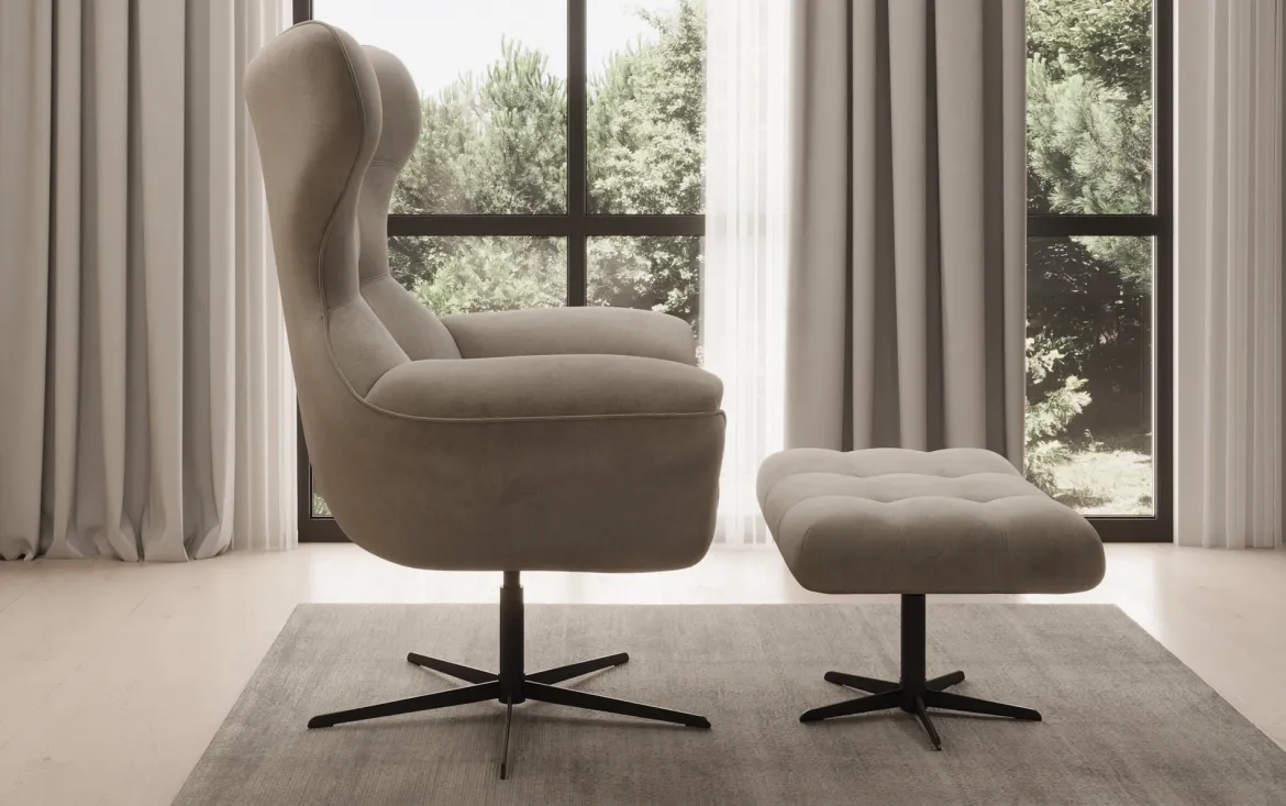 Designer Sofa-Sessel Aurelio inkl. Beistellhocker in Samt